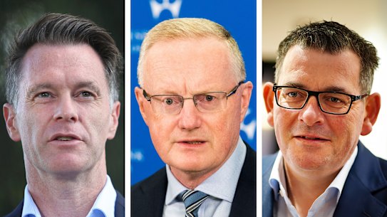 NSW Premier Chris Minns (left) and Victorian Premier Daniel Andrews (right)  have both taken aim at RBA Governor Philip Lowe (centre).