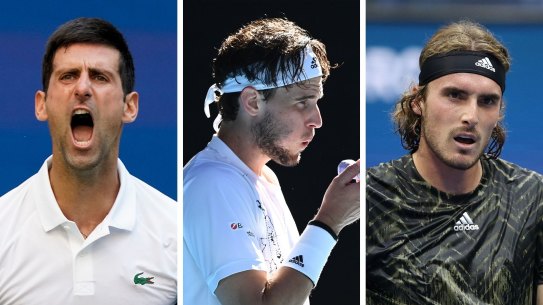Composite - Novak Djokovic, of Serbia, reacts after scoring a point against Kei Nishikori, of Japan, during the third round of the US Open tennis championships, Saturday, Sept. 4, 2021, in New York. (AP Photo/John Minchillo)
MELBOURNE, AUSTRALIA - FEBRUARY 14: Dominic Thiem of Austria waits to return serve in his Men’s Singles fourth round match against Grigor Dimitrov of Bulgaria during day seven of the 2021 Australian Open at Melbourne Park on February 14, 2021 in Melbourne, Australia. (Photo by Quinn Rooney/Getty Images)
NEW YORK, NEW YORK - AUGUST 30:  Stefanos Tsitsipas of Greece celebrates winning the fourth set against Andy Murray of United Kingdom during their men’s singles first round match on Day One of the 2021 US Open at the Billie Jean King National Tennis Center on August 30, 2021 in the Flushing neighborhood of the Queens borough of New York City. (Photo by Elsa/Getty Images)
