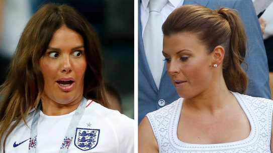 Rebekah Vardy, wife of England's forward Jamie Vardy, left, and wife of soccer player Wayne Rooney, Coleen Rooney. Photo: AP
