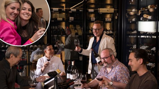 Champagne and wine tasting event at Prince Wine Store in Zetland. Story is about bottle shops offering wine tastings, classes and bars to attract customers and compete with online booze retailers. Thursday 13th October 2022 SMH photo Louie Douvis . composite