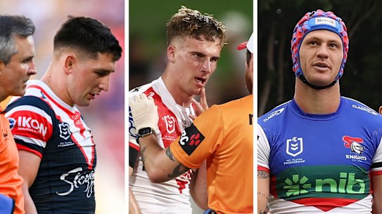 The Roosters’ Victor Radley, the Dragons’ Toby Couchman and Newcastle’s Kalyn Ponga leave the field following head knocks in the opening two rounds of the 2023 NRL season. Photos: NRL Photos; Getty.