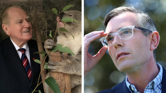 Left: Fred Nile with a koala. Right: Dominic Perrottet