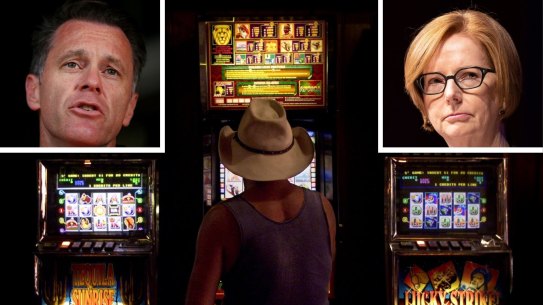 The problem with pokies: NSW Labor leader Chris Minns and former PM Julia Gillard.