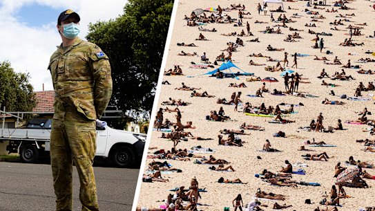 ADF personnel carry out checks in Lakemba in August; Bondi Beach is packed out in September.