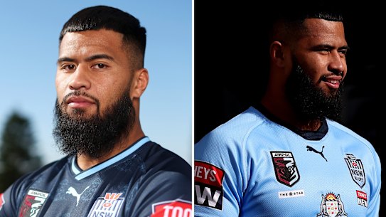 Payne Haas in the 2023 NSW jersey, left, and last year’s model.