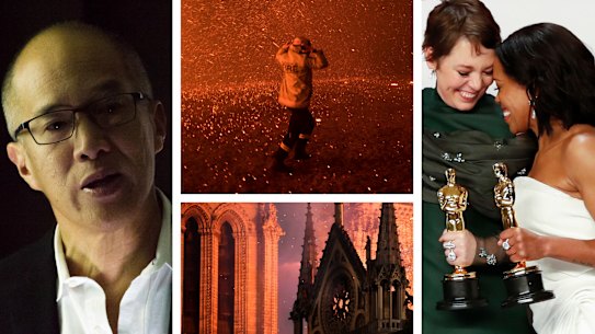 Clockwise from left, neurosurgeon Dr Charlie Teo, a firefighter overwhelmed by flames in Orangeville NSW, Oscar winners Olivia Colman and Regina King, Notre Dame cathedral in Paris.