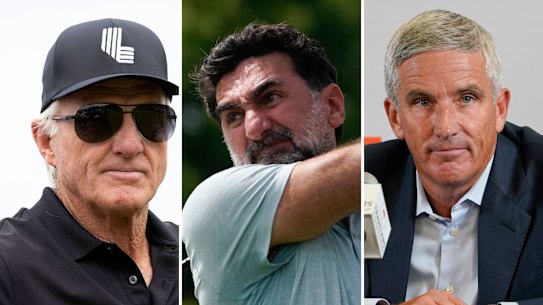 LIV Golf chief executive Greg Norman, Saudi Arabia’s Public Investment Fund governor Yasir al-Rumayyan and PGA Tour commissioner Jay Monahan.
