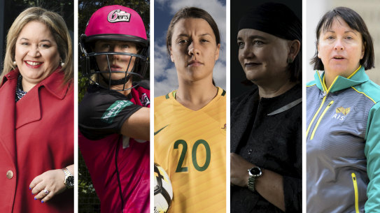 Megan Davies, Ellyse Perry, Sam Kerr, Raelene Castle, Lisa Alexander. Photo: Peter Braig, Dominic Lorrimer, Louise Kennerley, Steven Siewert, Sitthixay Ditthavong