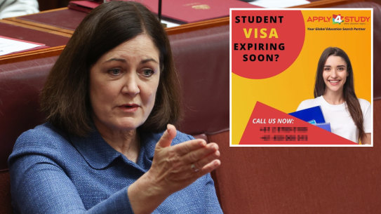 Coalition frontbencher Sarah Henderson and an ad for migration and education agents.