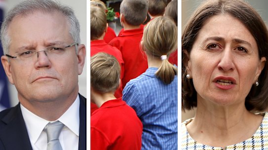 Prime Minister Scott Morrison, school children and NSW Premier Gladys Berejiklian. 