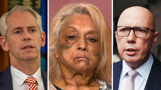 Immigration Minister Andrew Giles, Perth grandmother Ninette Simons and Opposition Leader Peter Dutton.