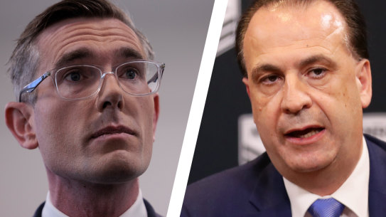 High stakes: NSW Premier Dominic Perrottet and Australian Rugby League Commission chairman Peter V’landys.