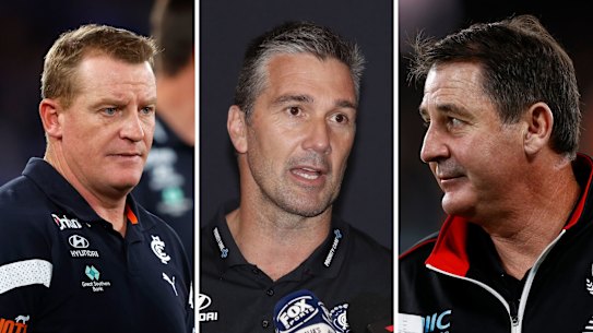 Blues coach Michael Voss, club great Stephen Silvagni and Saints boss Ross Lyon.