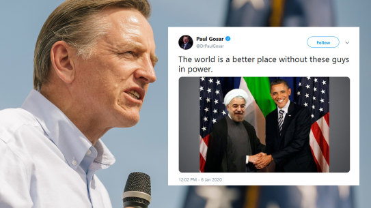 Republican congressman Paul Gosar tweeted a doctored picture of President Barack Obama shaking hands with Iranian President Hassan Rouhani in an apparent effort to criticise the former US leader’s Iran policy.