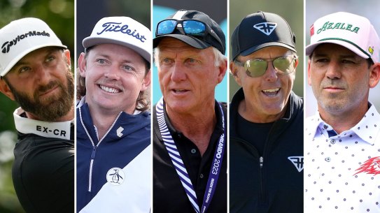 LIV Golf stars (l-r): Dustin Johnson, Cameron Smith, chief executive Greg Norman, Phil Mickelson and Sergio Garcia.