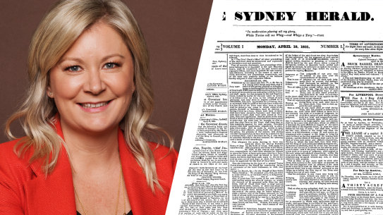 Herald editor Lisa Davies and the original Sydney Morning Herald front page of April 18, 1831.