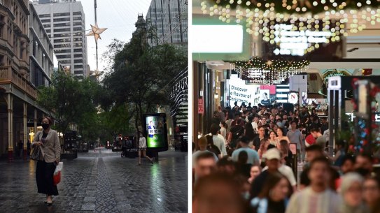 Composite photo of Sydney's CBD v Westfield Parramatta for boxing day sales