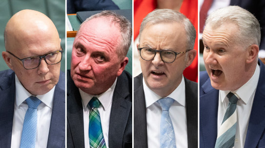 Sticks and stones … Opposition Leader Peter Dutton, Nationals MP Barnaby Joyce, Prime Minister Anthony Albanese and Home Affairs Minister Tony Burke.