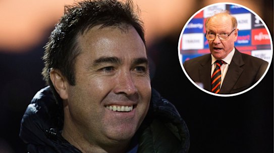 Former North Melbourne coach Brad Scott. Inset: Essendon president David Barham.