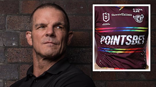 Ian Roberts and (inset) the Manly inclusivity jersey from last year.
