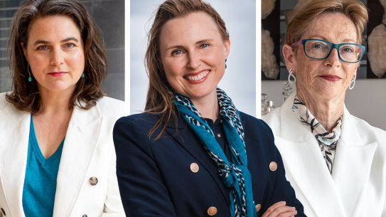 Teal wave independents left to right: Lane Cove candidate Victoria Davidson, Joeline Hackman who challenged the seat of Manly and Helen Conway, who ran for the North Shore seat.