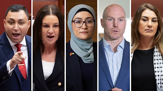 Ralph Babet, Jacqui Lambie, Fatima Payman, David Pocock and Lidia Thorpe.