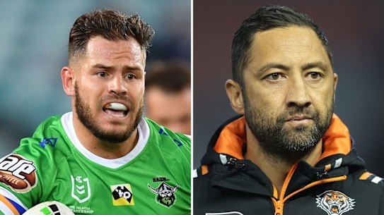 Former Canberra Raiders halfback Aidan Sezer and Wests Tigers assistant coach Benji Marshall.