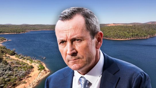 WA premier Mark McGowan looms over Serpentine dam, south east of Perth.