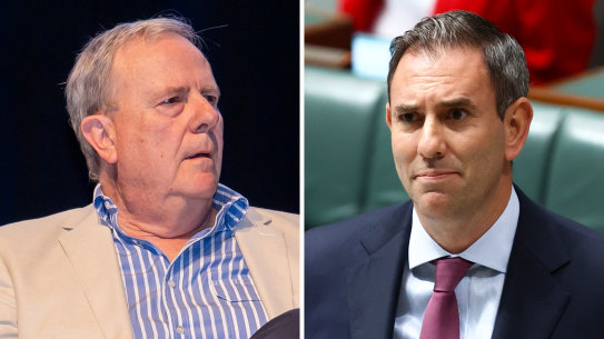 Peter Costello, left, said Jim Chalmers’ plan broke almost 20 years of bipartisanship.