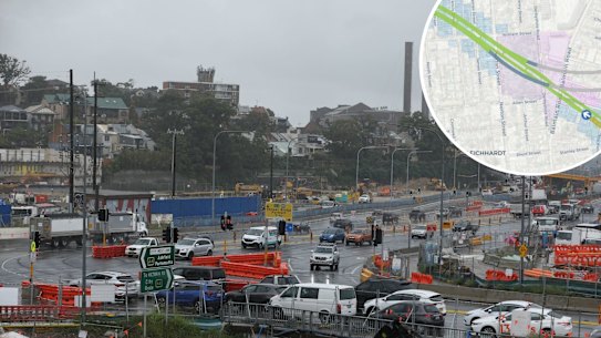 Composite of Construction of the M4-M5 link tunnels at the Anzac Bridge and the map of the area where blasting was proposed. 
