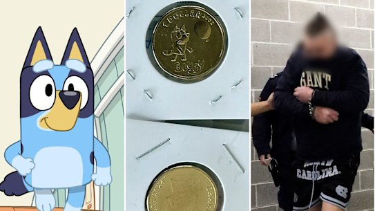 The cartoon character Bluey, the siezed coins and the man arrested by NSW Police.