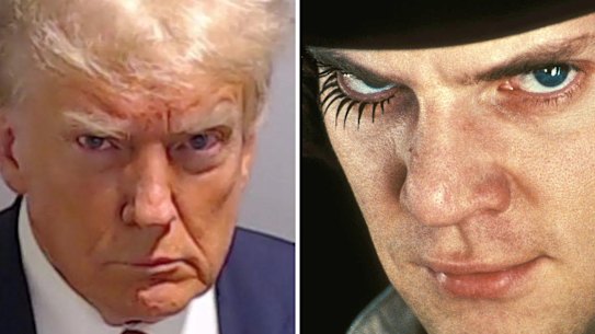 Former US president Donald Trump’s mugshot and Malcolm McDowell in the film A Clockwork Orange.