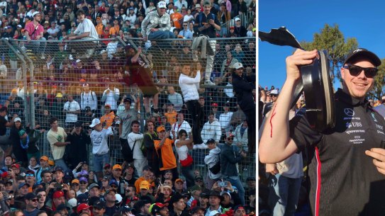 Fans invade the grand prix track while another fan is hit by flying debris.