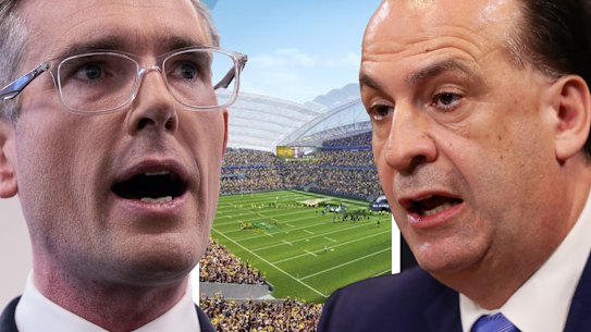NSW Premier Dominic Perrottet, left, and NRL boss Peter V’landys.