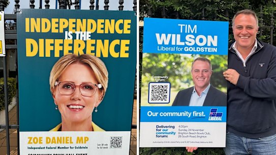 A corflute for independent Goldstein MP Zoe Daniel and Tim Wilson 