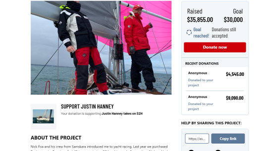 Justin Hanney’s fundraising page on the Australian Sports Foundation’s website to raise funds for the yacht he co-owns with Nick Foa.