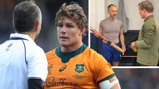 Michael Hooper and referee Romain Poite.