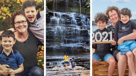 Trish Smith, who has been arrested, and her sons Ben and Russell, who were found dead in their Blue Mountains home.