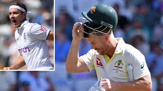 David Warner walks off Headingley after being dismissed again by his nemesis Stuart Broad (inset).