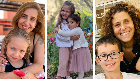 Undated photos of some of the released hostages, from left: Daniel Aloni and her daughter Emilia; sisters Aviv, right, and Raz Katz Asher; Keren Munder and her son Ohad.