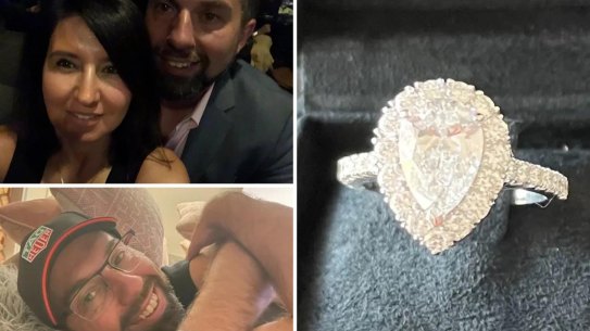 Composite image showing Con Hatzis and former fiancée Anastasia Soulios, who ended their engagement in 2022  and our now embroiled in a bitter legal stoush over who is entitled to an expensive engagement ring (pictured) and other jewellery they gave each other. Story by Cameron Houston.