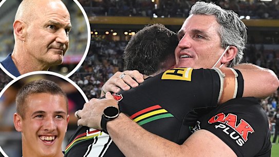 Panthers pair Ivan and Nathan Cleary after last year’s grand final. Inset: Jake Arthur and his father Brad, who are hoping to emulate the father-son premiership feat next weekend with the Eels.