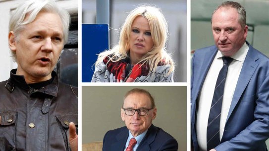From left: Julian Assange, Pamela Anderson, Barnaby Joyce, Bob Carr. 