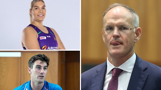 Australian cricket captain Pat Cummins and Aussie netballer Donnell Wallam, and (main image) News Corp executive chairman Michael Miller.