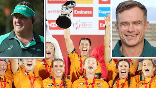 Australia’s in-form women’s sevens side with coach John Manenti (inset left) and the man set to replace him, Tim Walsh.