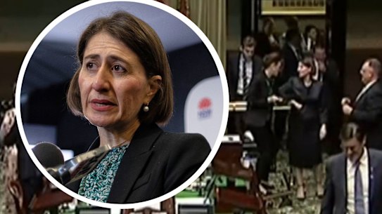 Supplied composite of Gladys Berejiklian and her in parliament. 