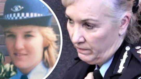 Queensland Police Commissioner Katarina Carroll with inset of her as a young woman.