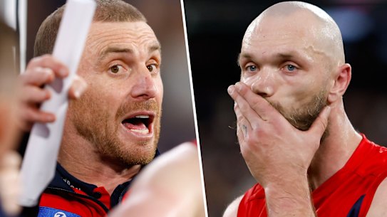 Melbourne coach Simon Goodwin and ruckman Max Gawn.