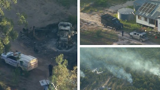 Aerial imagery on Tuesday morning from above the scene of the shooting in Wieambilla.