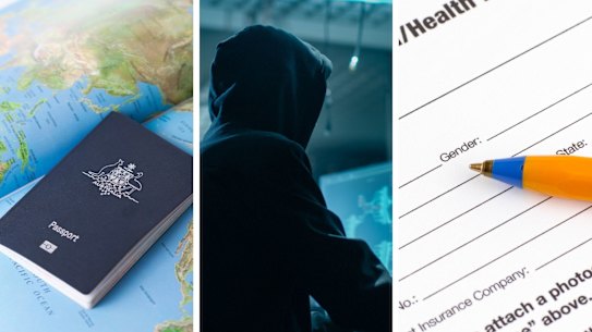 Composite image of a hacker, passport and paperwork